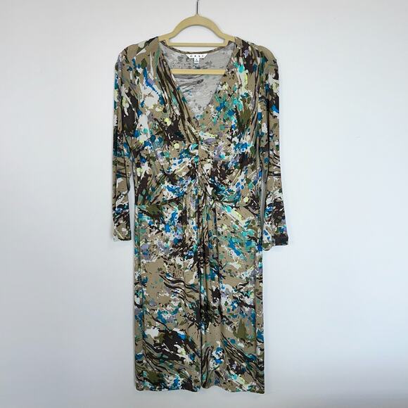 CAbi Womens Gallery Dress Size L Abstract Splatter Ruched Jersey Knit Stretch - Picture 1 of 8